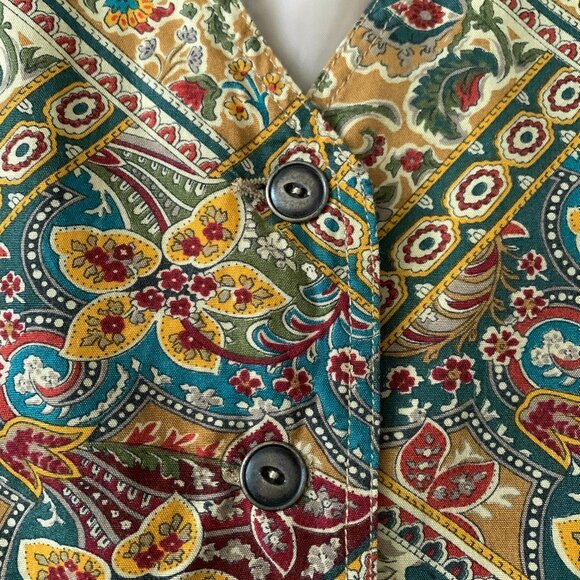 Vintage Liz Wear Paisley Floral Pattern Vest Yellow Blue Green Fall Academia - Picture 4 of 10